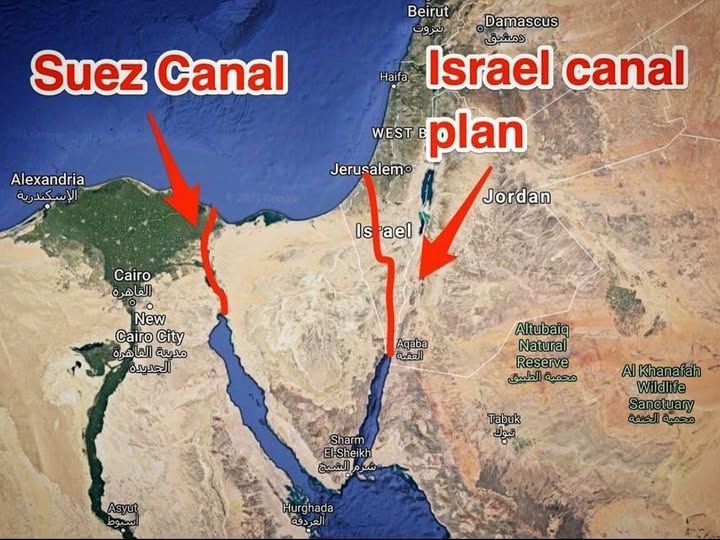 La línea roja a la derecha marca el plan israel con el Canal Ben Gurión